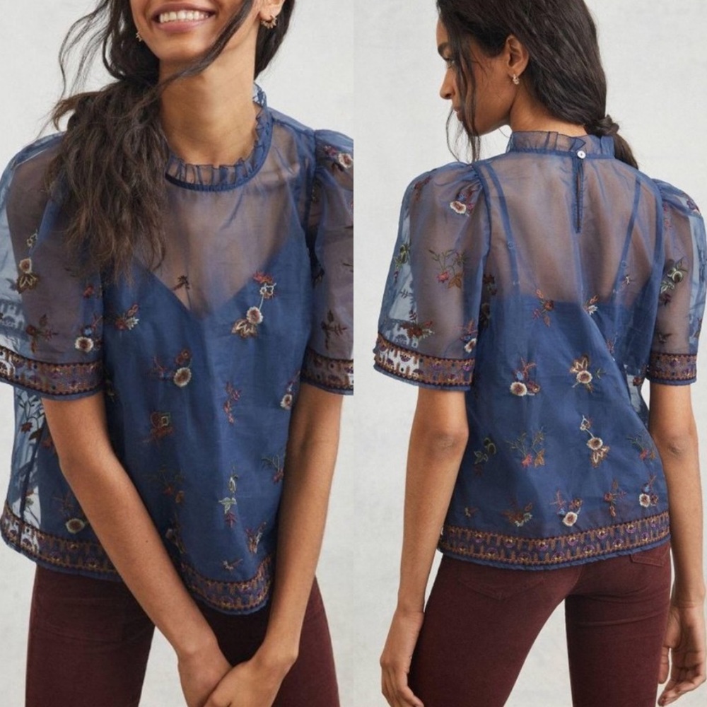 Anthropologie Sheer Navy Blue Embroidered Floral Blouse